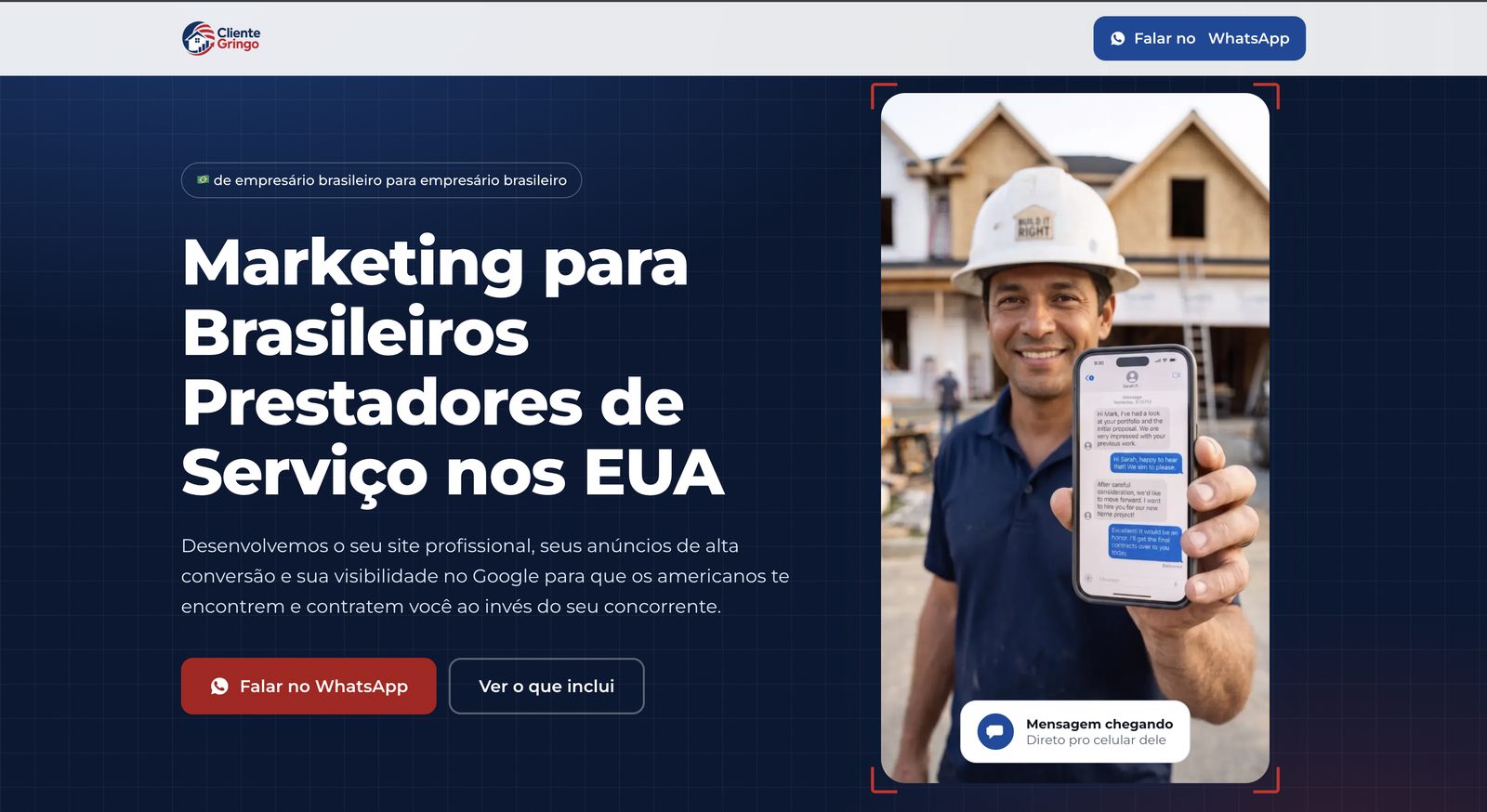 Hero da Cliente Gringo, marketing para brasileiros prestadores de serviço nos EUA