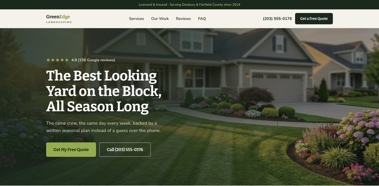 Hero da GreenEdge Landscaping, exemplo de site para prestador de serviço nos EUA